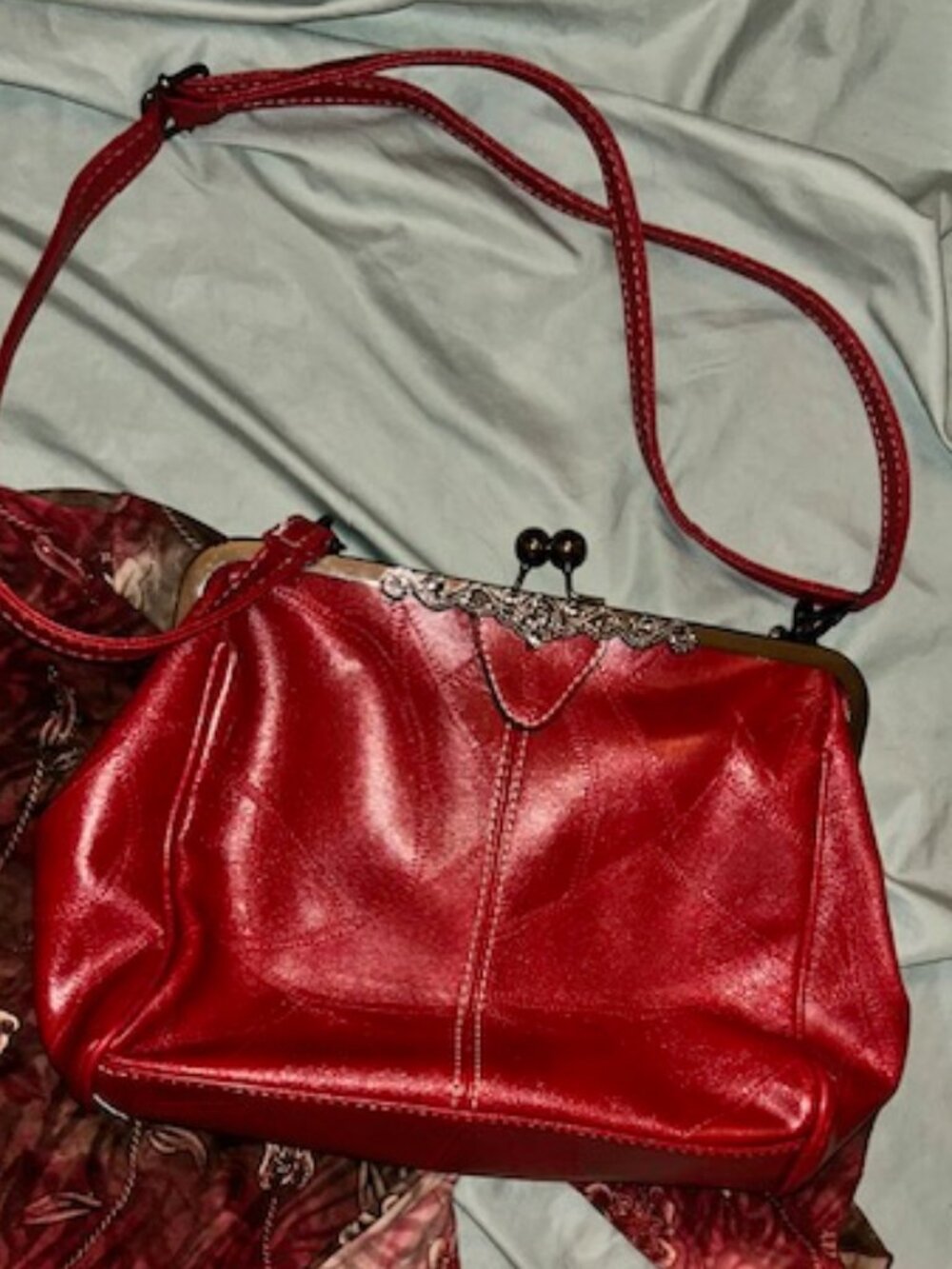 faux leather red shoulder purse hand bag medium large  casual dress vintage look